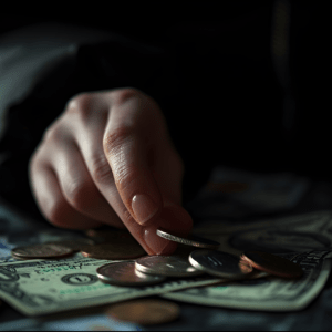 Eine Nahaufnahme einer Hand, die eine Münze aus einem Stapel verschiedener Münzen und Dollarscheine aufhebt. Die Beleuchtung ist schwach, sodass die Fingerspitzen der Person und die darunter liegende Banknote hervorgehoben werden. Der Hintergrund erscheint dunkel und unscharf.