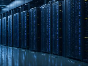 Ein schwach beleuchtetes Rechenzentrum mit Reihen hoher, schwarzer Server-Racks, die mit blauen Lichtern beleuchtet sind. Der Raum verfügt über einen polierten Boden und ein sichtbares Deckenraster, was ihm ein modernes und industrielles Aussehen verleiht.