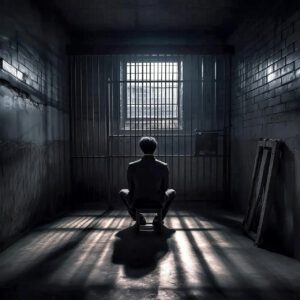 Eine Person sitzt auf einem kleinen Hocker in einer schwach beleuchteten Gefängniszelle vor einem vergitterten Fenster. Das Licht fällt durch und wirft Schatten auf Boden und Wände der Strafinstitution. Die Zelle hat, analog zur Geschichte des Strafvollzugs, dunkle Backsteinwände und eine geschlossene Tür auf der rechten Seite.